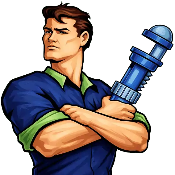 James Armstrong Plumbing cartoon plumber mascot holding wrench