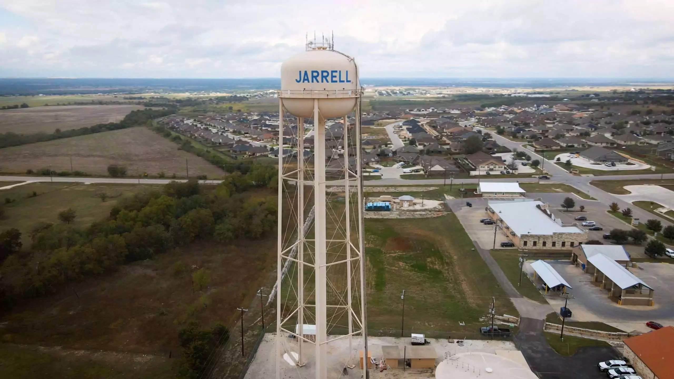 Aerial view of a water tower in Jarrell, Texas, USA
