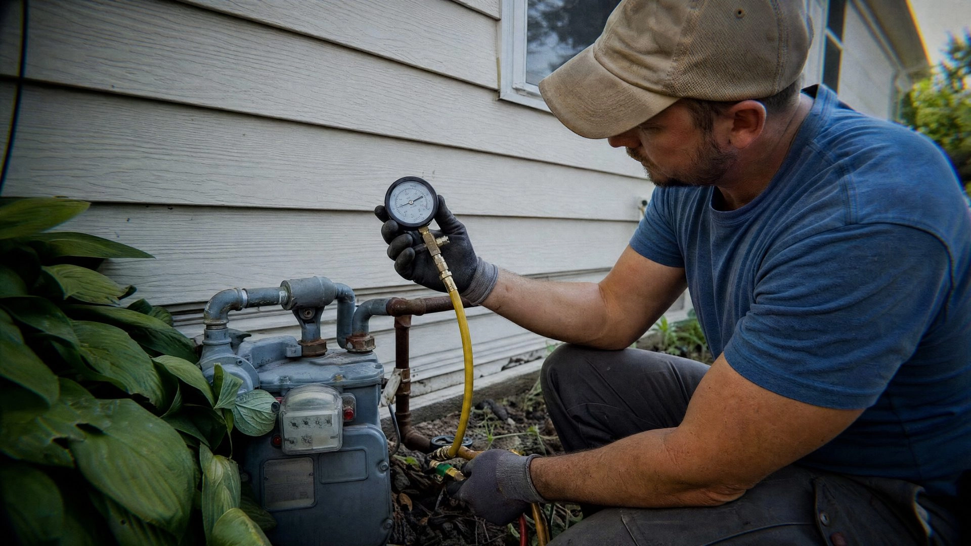 man looking at a gas line while working on a repair